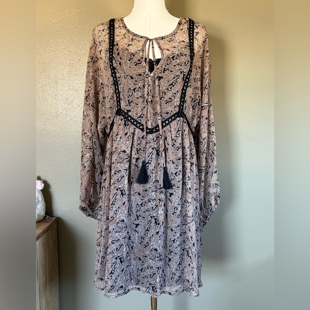 lovestitch Blush Paisley Long Sleeve Boho Country Western Dress with Black Trim